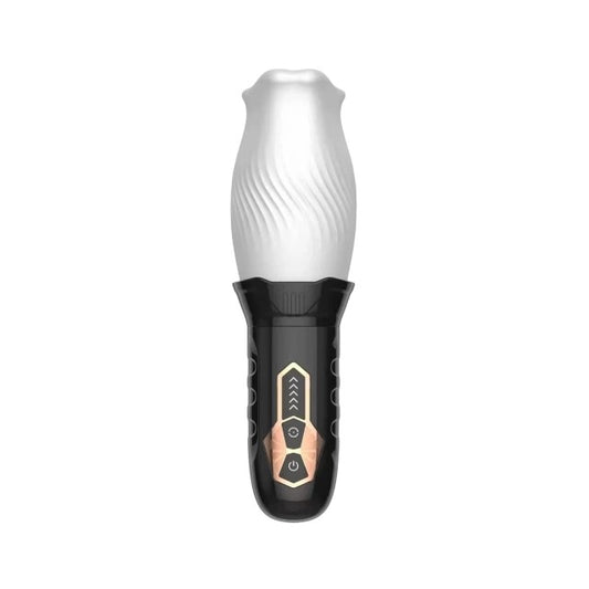 Masturbator automat B-SERIES Cyclone Blowjob Simulator, cu 5 funcții de rotație 360°, 10 funcții de vibrație, alb cu negru