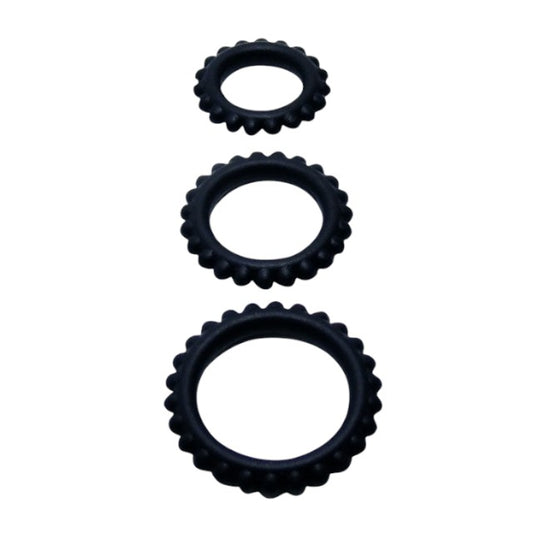 Set 3 inele pentru penis BAILE Titan, pentru întârzierea ejaculării, din silicon, diametre 1.9 cm, 2.4 cm și 2.8 cm, negru