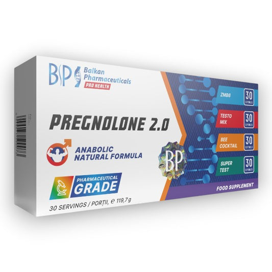 Set capsule BALKAN PHARMACEUTICALS Pregnolone 2.0, cu 4 tipuri de formule pentru testosteron, energie și potență, 120 capsule