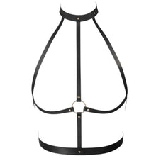 Ham feminin BIJOUX INDISCRETS Maze H Harness, design cu choker și inel sub sâni, din piele ecologică, negru, mărime universală
