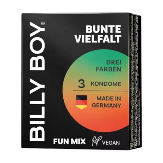 Prezervative BILLY BOY Fun Mix, din latex natural, lubrifiate și rezistente, diametru 52 mm, culori roșu, negru, verde, 3 buc
