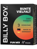 Prezervative BILLY BOY Fun Mix, din latex natural, lubrifiate și rezistente, diametru 52 mm, culori roșu, negru, verde, 3 buc