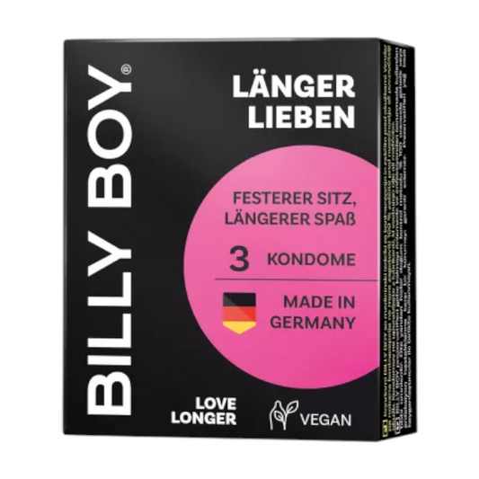 Prezervative BILLY BOY Love Longer, cu inel de penis integrat, din latex natural, lubrifiate și rezistente, 52 mm, transparente, 3 buc