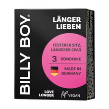 Prezervative BILLY BOY Love Longer, cu inel de penis integrat, din latex natural, lubrifiate și rezistente, 52 mm, transparente, 3 buc