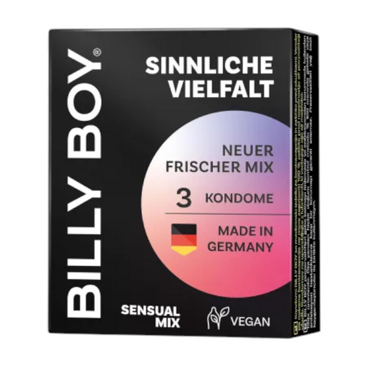Prezervative BILLY BOY Sensual Mix, din latex natural, lubrifiate și rezistente, diametru 56 mm, culori transparent, roșu, roz, 3 buc
