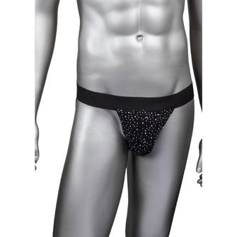Chilot sexy bărbați CALEXOTICS Radiance Jock Strap, cu benzi subțiri pe fese, design din plasă cu strasuri, negru, mărime universală (40-3)