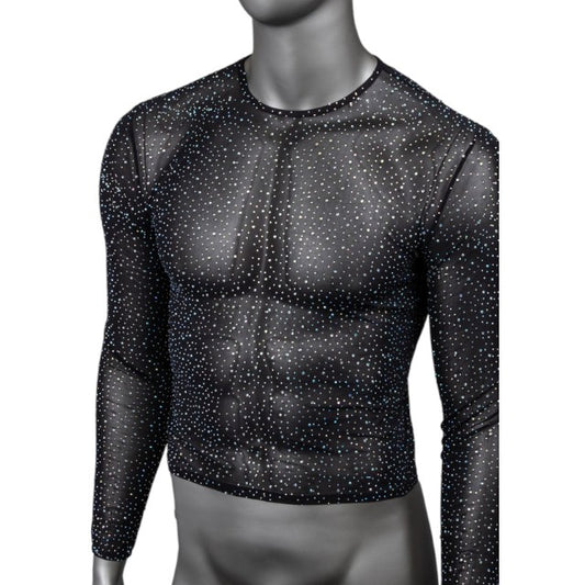 Bluză sexy bărbați CALEXOTICS Radiance Long Sleeve Shirt, design din plasă cu strasuri, negru, mărime universală (20-3)