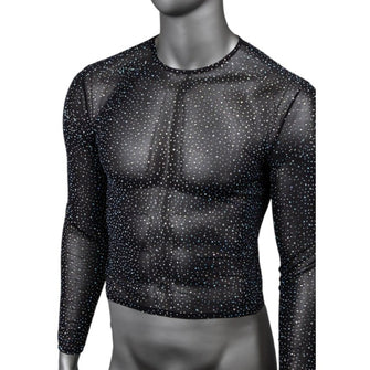 Bluză sexy bărbați CALEXOTICS Radiance Long Sleeve Shirt, design din plasă cu strasuri, negru, mărime universală (20-3)