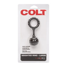 Inel cu greutate pentru penis COLT Weighted Ring Large, din silicon elastic, cu bilă de 110 grame, diametru inserabil 3.25 cm, negru