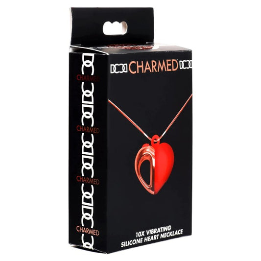 Stimulator clitoris CHARMED Heart Necklace, pandantiv în formă de inimă pe colier, 10 funcții de vibrație, roșu cu auriu