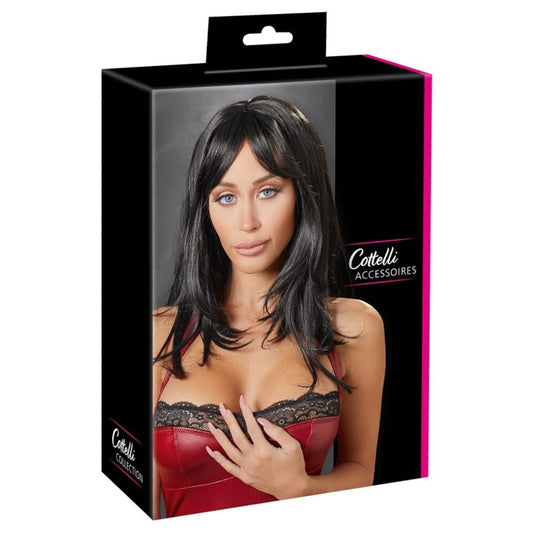 Perucă sexy COTTELLI Accessoires, pentru jocuri erotice și costume roleplay, păr lung în scări cu breton, culoarea negru