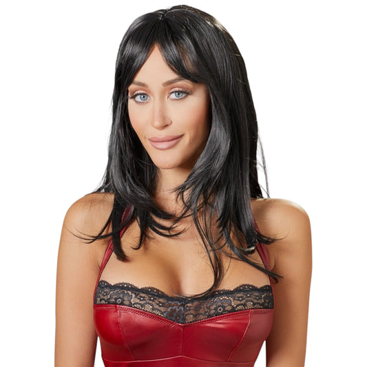 Perucă sexy COTTELLI Accessoires, pentru jocuri erotice și costume roleplay, păr lung în scări cu breton, culoarea negru