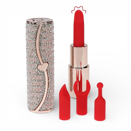 Stimulator clitoris LOVELINE Candy, în formă de ruj, design elegant, capete interschimbabile din silicon, 5 funcții de vibrație, culoare roz