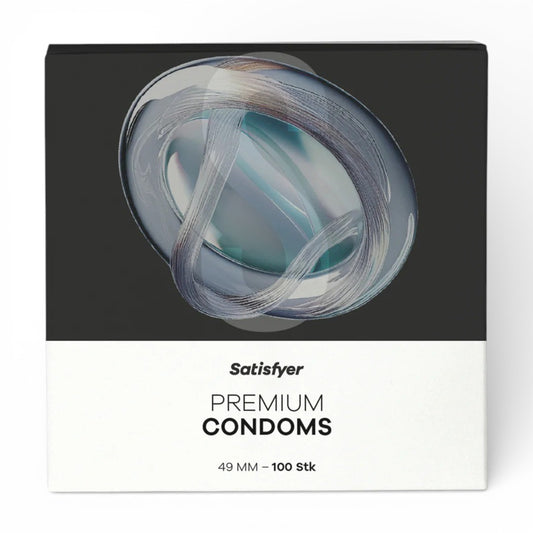 Prezervative SATISFYER Premium Condoms S, din latex, lubrifiate, design modern, diametru 49 mm, 100 bucăți