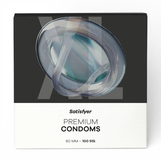 Prezervative SATISFYER Premium Condoms XL, din latex, lubrifiate, design modern, diametru 60 mm, 100 bucăți