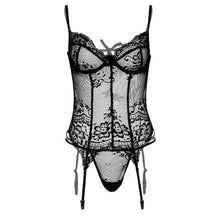 Lenjerie sexy 2 piese DARING INTIMATES Underwire Cami Garter, Top din dantelă și bretele + Chilot tanga, negru, mărime L/XL, model 75115