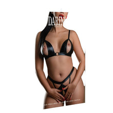 Lenjerie sexy 2 piese DARING INTIMATES Wetlook Peek-A-Boo Bra Set with Open Crotch, culoare negru, marime S/M