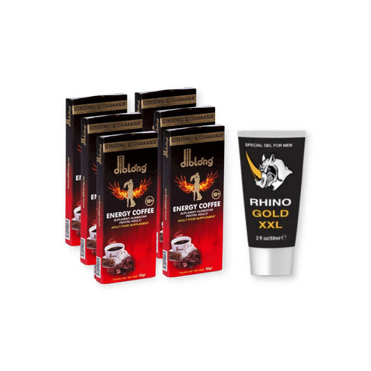 Pachet pentru cupluri: Set 6 afrodisiace cafea DIBLONG, 60g + Gel mărire penis RHINO GOLD XXL, 59 ml