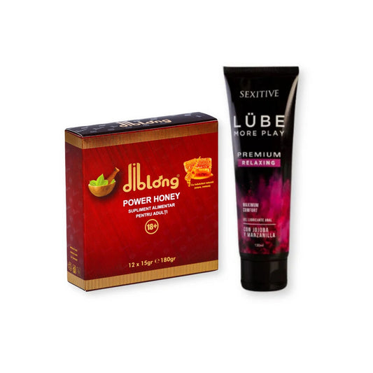 Pachet pentru cupluri: Miere afrodisiacă DIBLONG Honey, 12 plicuri x 15 g + Lubrifiant anal SEXITIVE Lube Premium Relaxing, 130 ml