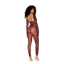 Costum erotic DREAMGIRL Catsuit Bodystocking, cu mănuși sexy detașabile, din dantelă cu animal print leopard, mărime universală, burgundy