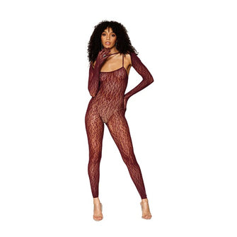 Costum erotic DREAMGIRL Catsuit Bodystocking, cu mănuși sexy detașabile, din dantelă cu animal print leopard, mărime universală, burgundy