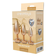 Set plug anal DREAMTOYS Pearl Gold Plug, 3 dopuri de dimensiuni progresive, 7.1 cm - 9.5 cm, cu baze în formă de inimă, auriu