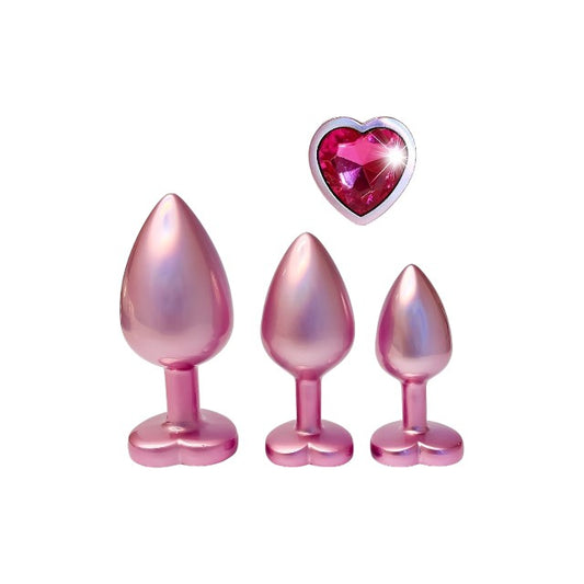Set plug anal DREAMTOYS Pearl Pink Plug, 3 dopuri de dimensiuni progresive, 7.1 cm - 9.5 cm, cu baze în formă de inimă, roz