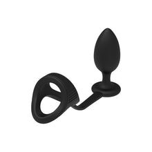 Inel dublu pentru penis cu plug anal DREAMTOYS RAMROD 2-In-1 Dual Pleasure, lungime 10 cm, din silicon, negru