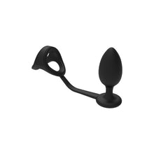 Inel dublu pentru penis cu plug anal DREAMTOYS RAMROD 2-In-1 Dual Pleasure, lungime 10 cm, din silicon, negru