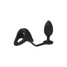 Inel dublu pentru penis cu plug anal DREAMTOYS RAMROD 2-In-1 Dual Pleasure, lungime 10 cm, din silicon, negru