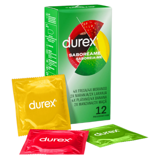 Prezervative DUREX Saboreame, cu aromă de fructe, diverse culori, din latex, diametru 53 mm, 12 buc