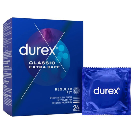 Prezervative clasice DUREX Classic Extra Safe, lubrifiate si rezistente, 56 mm, 1 cutie x 24 buc