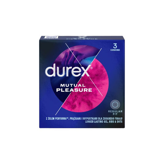 Prezervative cu striații DUREX Mutual Pleasure, regular fit, cu efect de stimulare clitoridiană și întârziere ejaculare, 56 mm, 1 cutie x 3 buc