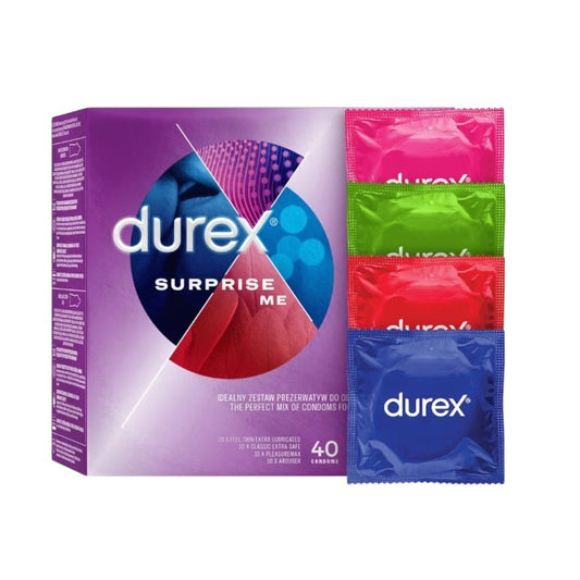 Set prezervative DUREX Surprise Me, diverse sortimente, extra subțiri, groase, cu nervuri și puncte, din latex, diametru 53/56, 40 buc