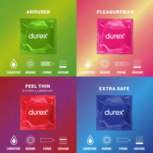 Set prezervative DUREX Surprise Me, diverse sortimente, extra subțiri, groase, cu nervuri și puncte, din latex, diametru 53/56, 40 buc