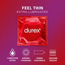 Prezervative ultra subțiri DUREX Thin Feel Extra Lubrifiate, 56 mm, 1 cutie x 3 buc
