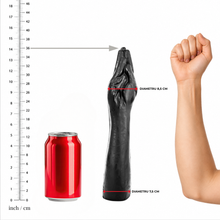 Dildo gros ALL BLACK Fist Giant, în formă de mână, pentru penetrare tip fisting, lungime 36 cm, diametru 8.5 cm, material moale, negru