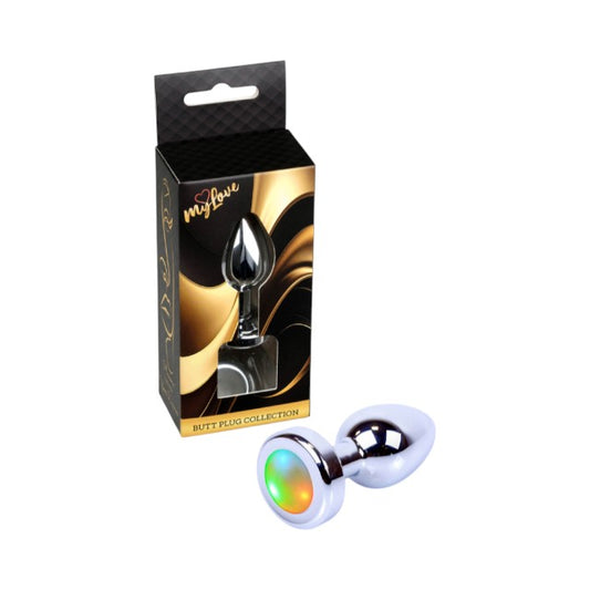 Dop anal MY LOVE Butt Plug Disco Flashlight, bază cu lumină LED multicoloră, din oțel inoxidabil, lungime totală 7 cm, diametru 2.7 cm, argintiu (mic)
