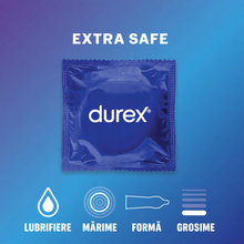 Prezervative clasice DUREX Classic Extra Safe, lubrifiate și rezistente, 56 mm, 1 cutie x 3 buc