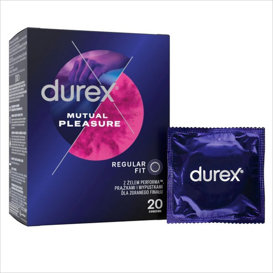 Prezervative cu striații DUREX Mutual Pleasure, regular fit, cu efect de stimulare clitoridiană și întârziere ejaculare, 56 mm, 1 cutie x 20 buc