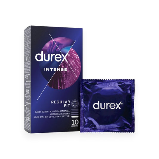 Prezervative cu striatii Durex Intense, cu efect de stimulare clitoridiana si intensificare orgasm feminin, 56 mm, 1 cutie x 10 buc
