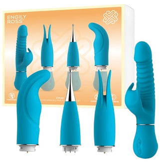 Vibrator ENGILY ROSS Eivian, cu 4 piese interschimbabile, funcție de penetrare, 8 funcții de vibrație, 3 viteze, albastru