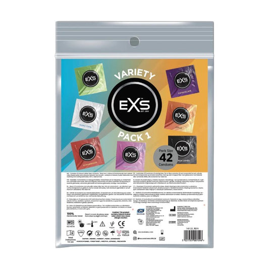 Prezervative EXS Variety Pack 1, cu 7 modele de prezervative, colorate, texturate, cu arome și ultra-subțiri, 42 bucăți