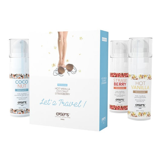 Set 3 uleiuri de masaj EXSENS Let’s Travel, cu efect de încălzire, arome de căpșuni, cocos și vanilie, 3 x 30 ml