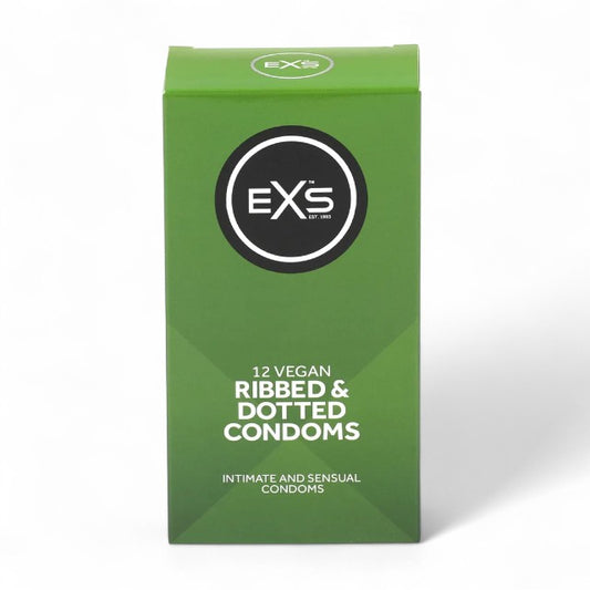 Prezervative EXS Ribbed & Dotted Condoms, texturate, subțiri și rezistente, diametru 56 mm, 12 bucăți