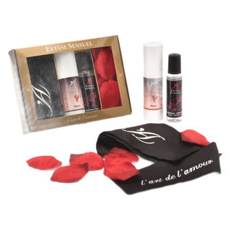 Set cadou erotic EXTASE SENSUEL L’art de l’amour, cu gel intim, lubrifiant aromat, legătură pentru ochi și petale de trandafir