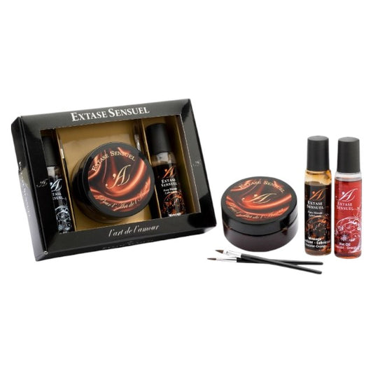 Set cadou erotic EXTASE SENSUEL L’art de l’amour, cu cremă de ciocolată cu feromoni, lubrifiant de masaj și ulei fierbinte