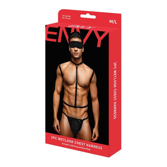 Set lenjerie pentru barbati Envy - Wetlook Chest Harness, 3 piese, negru, M/L