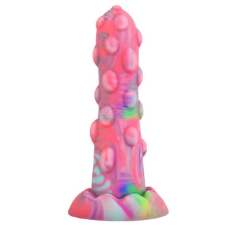 Dildo Epic - NIXIE, din silicon cu striati, roz cu verde, 15.5 cm