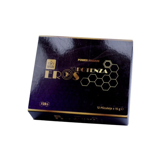 Supliment alimentar pe bază de miere EROS POTENZA, ajută la întârzierea ejaculării, conține ingrediente naturale, 12 buc x 15 g